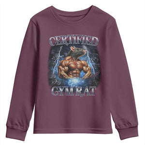 Funny Certified Gym Rat Youth Sweatshirt Fitness Bodybuilding Gym Lovers Meme TS11 Maroon Print Your Wear