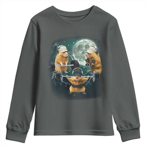 Funny Three Hamster Deadlift Gym Rat Moon Training Weightlifting Meme Youth Sweatshirt TS11 Dark Heather Print Your Wear