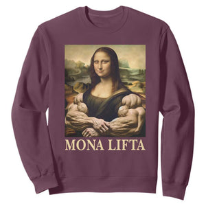 Funny Mona Lifta Muscle Mona Lisa Bodybuilding Fitness Gym Lover Sweatshirt TS11 Maroon Print Your Wear