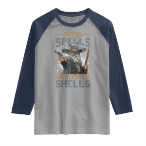 Outta Spells But Not Outta Shells Raglan Shirt Funny Fantasy Meme TS11 Sport Gray Navy Print Your Wear