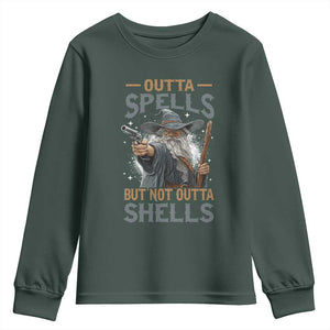 Outta Spells But Not Outta Shells Youth Sweatshirt Funny Fantasy Meme TS11 Dark Forest Green Print Your Wear