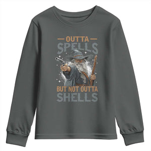 Outta Spells But Not Outta Shells Youth Sweatshirt Funny Fantasy Meme TS11 Dark Heather Print Your Wear