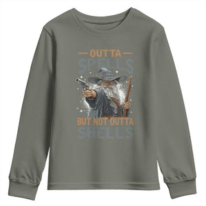 Outta Spells But Not Outta Shells Youth Sweatshirt Funny Fantasy Meme TS11 Military Green Print Your Wear
