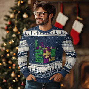 Funny Mardi Gras Mobile Alabama 251 Ugly Christmas Sweater Skyline Area Code Glitter Print TS11 Navy Beige Print Your Wear