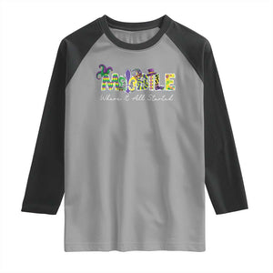 Funny Mardi Gras In Mobile Alabama Raglan Shirt Mobile Where It All Started Jester Hat Fleur De Lis TS11 Sport Gray Black Print Your Wear