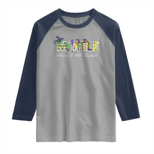 Funny Mardi Gras In Mobile Alabama Raglan Shirt Mobile Where It All Started Jester Hat Fleur De Lis TS11 Sport Gray Navy Print Your Wear