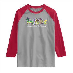 Funny Mardi Gras In Mobile Alabama Raglan Shirt Mobile Where It All Started Jester Hat Fleur De Lis TS11 Sport Gray Red Print Your Wear