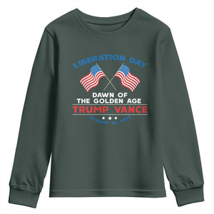 Trump Vance Liberation Day 2025 Youth Sweatshirt Dawn Of The Golden Age American Flag TS11 Dark Forest Green Print Your Wear