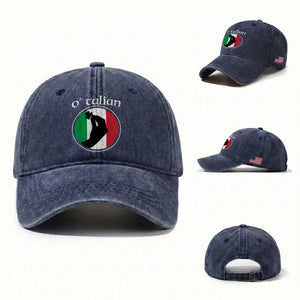 Funny O'Talian Washed Cotton Baseball Cap St Patrick's Day Italian Pinched Fingers Shamrock TS11 Washed Cap Universal Fit Navy Print Your Wear