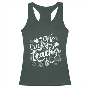Funny St Patrick's Day Irish Teacher Racerback Tank Top One Lucky Teacher Shamrock TS11 Dark Forest Green Print Your Wear