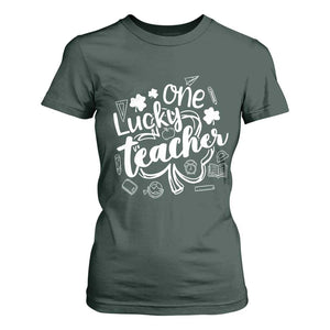 Funny St Patrick's Day Irish Teacher T Shirt For Women One Lucky Teacher Shamrock TS11 Dark Forest Green Print Your Wear