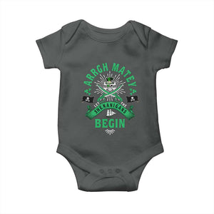Funny St Patrick's Day Pirate Baby Onesie Arrgh Matey Let The Shenanigans Begin Shamrock TS11 Dark Heather Print Your Wear