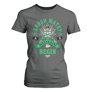 Funny St Patrick's Day Pirate T Shirt For Women Arrgh Matey Let The Shenanigans Begin Shamrock TS11 Dark Heather Print Your Wear
