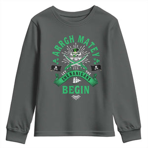 Funny St Patrick's Day Pirate Youth Sweatshirt Arrgh Matey Let The Shenanigans Begin Shamrock TS11 Dark Heather Print Your Wear