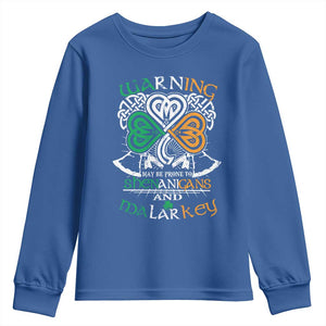 Funny Warning May Be Prone To Shenanigans And Malarkey Youth Sweatshirt St Patrick's Day Celtic Shamrock TS11 Royal Blue Print Your Wear