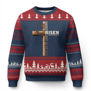 He Is Not Here For He Is Risen Just As He Said Ugly Christmas Sweater Christian Easter Day Religious Bible Verse Cross TS11 Navy Red Print Your Wear