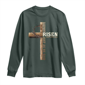 He Is Not Here For He Is Risen Just As He Said Long Sleeve Shirt Christian Easter Day Religious Bible Verse Cross TS11 Dark Forest Green Print Your Wear
