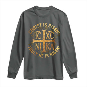 Orthodox Easter Christian Long Sleeve Shirt Christ Is Risen He Is Risen Greek NIKA Cross TS11 Dark Heather Print Your Wear