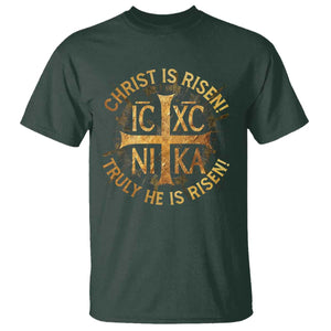 Orthodox Easter Christian T Shirt Christ Is Risen He Is Risen Greek NIKA Cross TS11 Dark Forest Green Print Your Wear