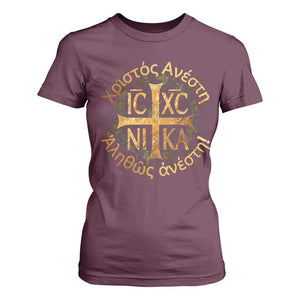 Orthodox Easter Christian T Shirt For Women Christ Is Risen Truly He Is Risen NIKA Cross TS11 Maroon Print Your Wear