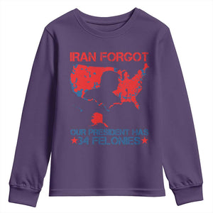 Iran Forgot Our President Has 34 Felonies Youth Sweatshirt Vintage USA Red Wave Map TS11 Purple Print Your Wear