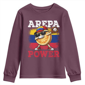 Funny Arepa Power Venezuela Baseball Lover Youth Sweatshirt Cute Dabbing Arepa TS11 Maroon Print Your Wear