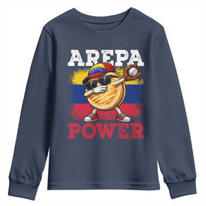 Funny Arepa Power Venezuela Baseball Lover Youth Sweatshirt Cute Dabbing Arepa TS11 Navy Print Your Wear