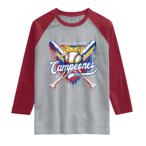 Venezuela Campeones Baseball Championship 2026 Raglan Shirt Home Plate Drip TS11 Heather Gray Heather Red Print Your Wear