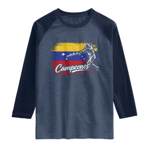 Venezuela Campeones Del Mundo Baseball Championship Raglan Shirt TS11 Heather Denim Navy Print Your Wear