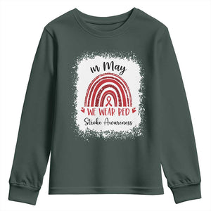 In May We Wear Red Stroke Awareness Youth Sweatshirt Bleach Effect TS11 Dark Forest Green Print Your Wear