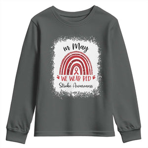 In May We Wear Red Stroke Awareness Youth Sweatshirt Bleach Effect TS11 Dark Heather Print Your Wear