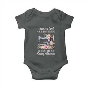 Funny Sewing Lover Baby Onesie I Asked God For A Best Friend He Sent Me My Sewing Machine TS11 Dark Heather Print Your Wear