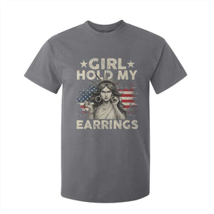 Funny Girl Hold My Earrings T Shirt For Kid Statue of Liberty American Flag TS11 Charcoal Print Your Wear