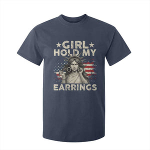 Funny Girl Hold My Earrings T Shirt For Kid Statue of Liberty American Flag TS11 Navy Print Your Wear