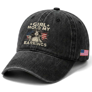 Funny Girl Hold My Earrings Washed Cotton Baseball Cap Statue of Liberty American Flag TS11 Print Your Wear