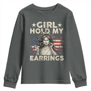 Funny Girl Hold My Earrings Youth Sweatshirt Statue of Liberty American Flag TS11 Dark Heather Print Your Wear