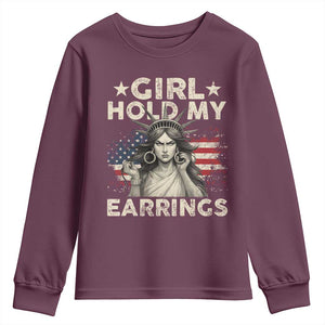 Funny Girl Hold My Earrings Youth Sweatshirt Statue of Liberty American Flag TS11 Maroon Print Your Wear