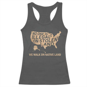 No One Is Illegal On Stolen Land Racerback Tank Top We Walk On Native Land Vintage American Map TS11 Dark Heather Print Your Wear