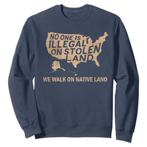No One Is Illegal On Stolen Land Sweatshirt We Walk On Native Land Vintage American Map TS11 Navy Print Your Wear