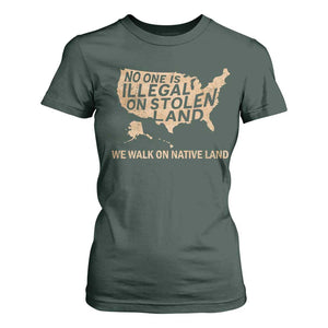 No One Is Illegal On Stolen Land T Shirt For Women We Walk On Native Land Vintage American Map TS11 Dark Forest Green Print Your Wear