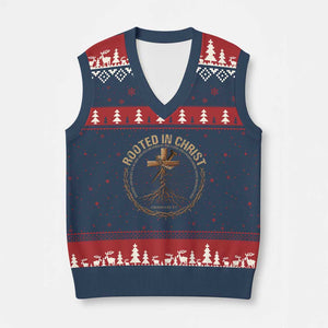 Rooted In Christ V-Neck Knit Sweater Vest Jesus Christian Cross Bible Verse TS11 Navy Red Print Your Wear