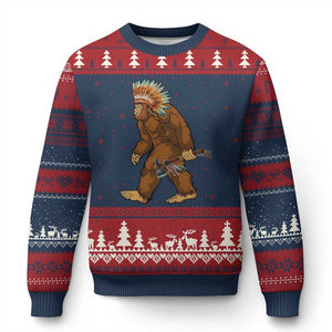 Funny Bigfoot American Indian Native Sasquatch Tomahawk Ugly Christmas Sweater TS11 Navy Red Print Your Wear