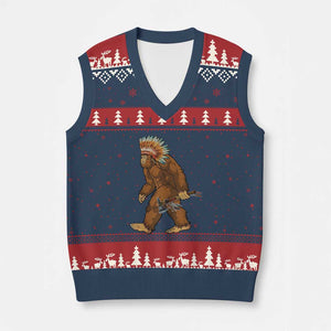 Funny Bigfoot American Indian Native Sasquatch Tomahawk V-Neck Knit Sweater Vest TS11 Navy Red Print Your Wear