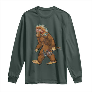 Funny Bigfoot American Indian Native Sasquatch Tomahawk Long Sleeve Shirt TS11 Dark Forest Green Print Your Wear