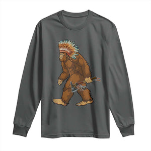 Funny Bigfoot American Indian Native Sasquatch Tomahawk Long Sleeve Shirt TS11 Dark Heather Print Your Wear