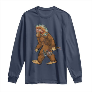 Funny Bigfoot American Indian Native Sasquatch Tomahawk Long Sleeve Shirt TS11 Navy Print Your Wear