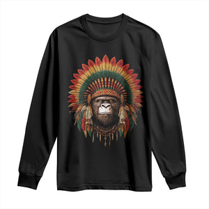 Bigfoot Native American Chief Sasquatch Wearing Headdress Long Sleeve Shirt TS11 Black Print Your Wear