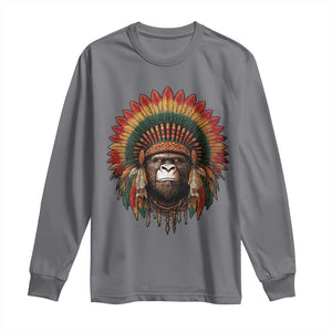 Bigfoot Native American Chief Sasquatch Wearing Headdress Long Sleeve Shirt TS11 Charcoal Print Your Wear