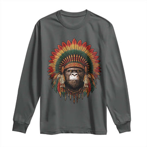 Bigfoot Native American Chief Sasquatch Wearing Headdress Long Sleeve Shirt TS11 Dark Heather Print Your Wear