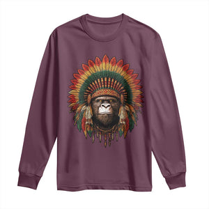 Bigfoot Native American Chief Sasquatch Wearing Headdress Long Sleeve Shirt TS11 Maroon Print Your Wear